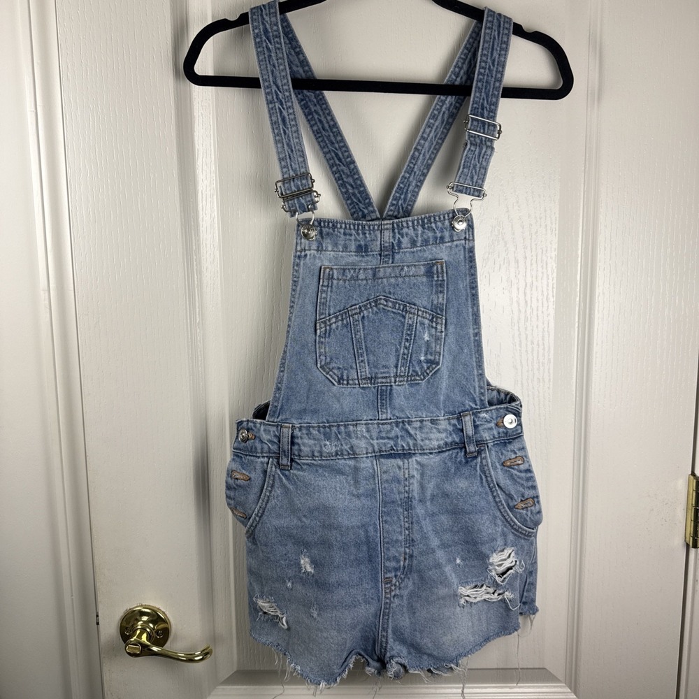 Divided H&M Distressed Denim Overall Shortalls Sz 8 Ripped Raw Hem Casual